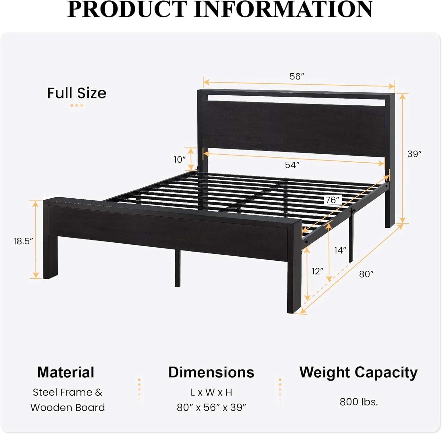 Full Metal Platform Bed Frame Black Oak