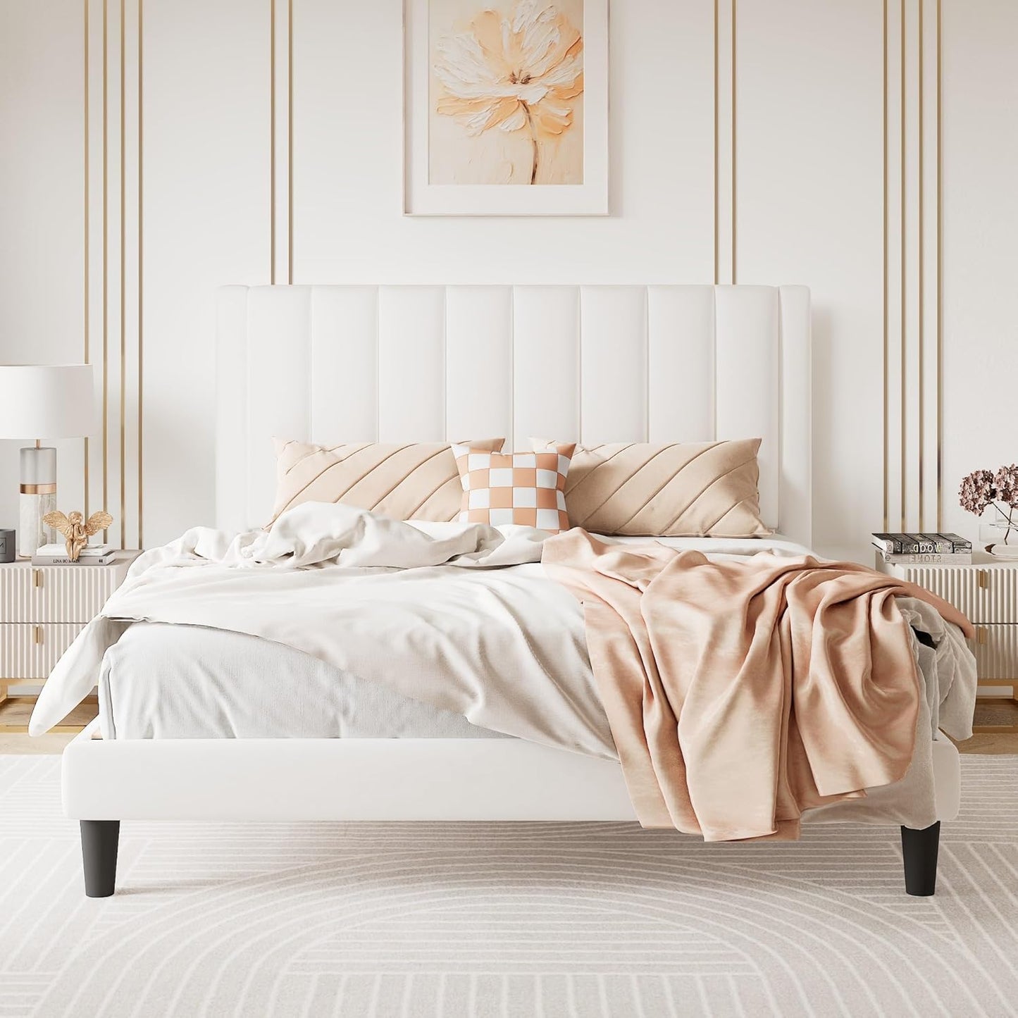 Queen Velvet Platform Bed Frame White