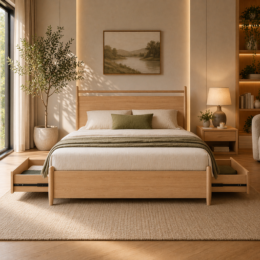 GoShipFurniture Solid Wood Platform Storage Bed – Dual Drawer Design