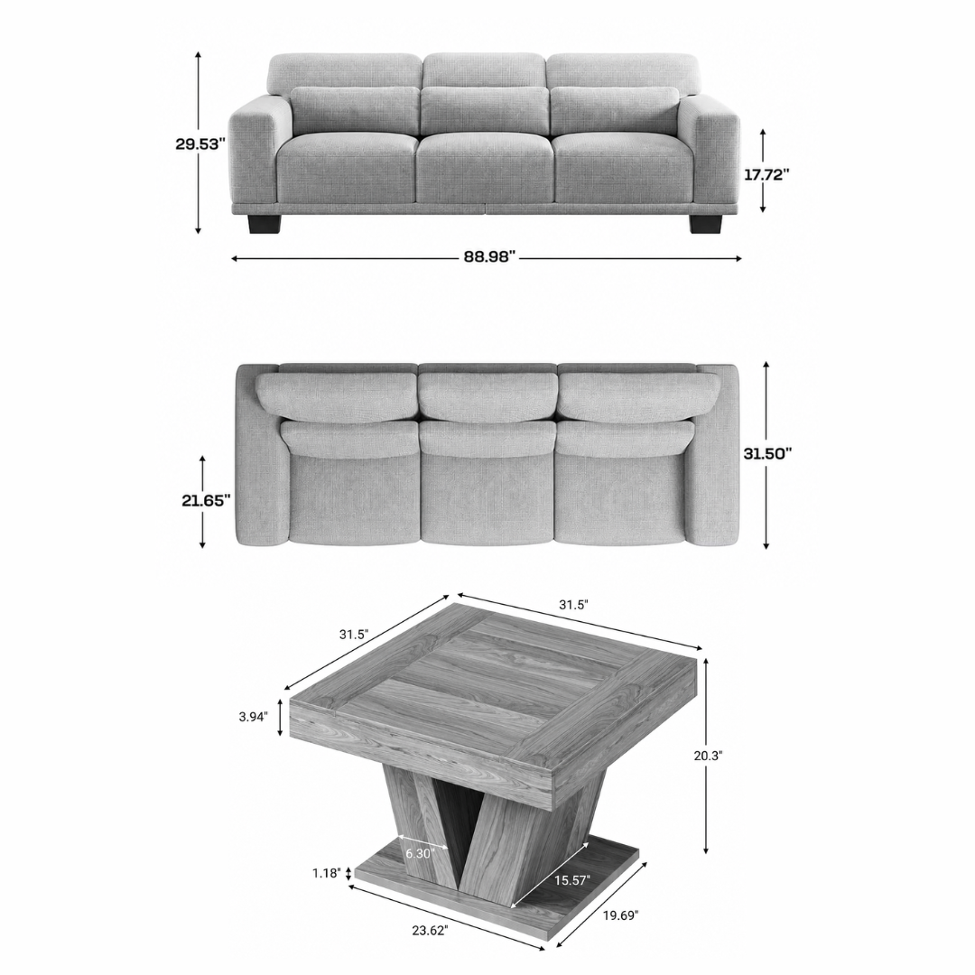 GoShipFurniture Grey Living Room Set – 89" Sofa & 31.5" Coffee Table
