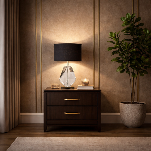 GoShipFurniture Faceted Crystal Table Lamp – Drum Shade, Brushed Gold Base