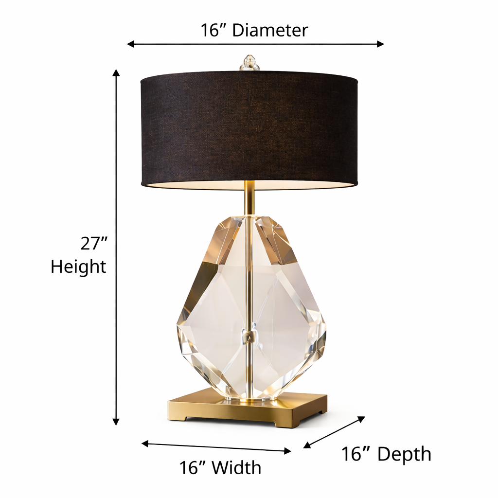 GoShipFurniture Faceted Crystal Table Lamp – Drum Shade, Brushed Gold Base