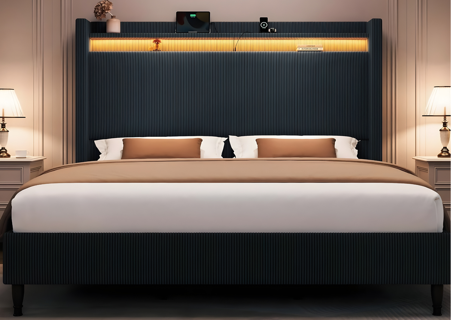 King Upholstered Bed Frame with LED