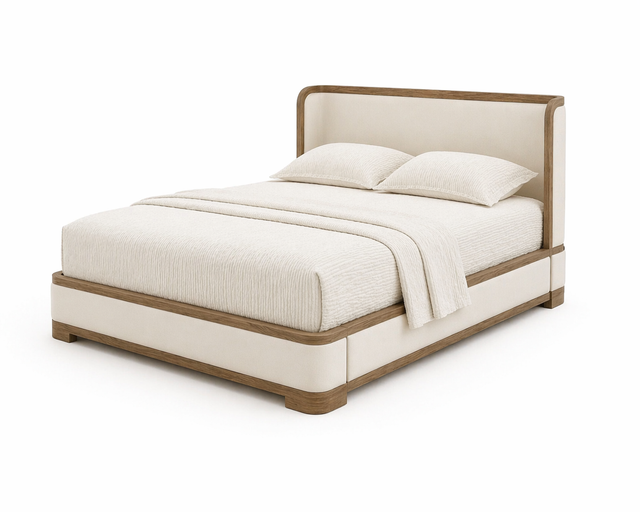 GoShipFurniture Upholstered Platform Bed – Wood Trim, Surround Headboard