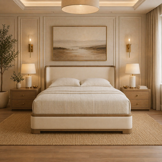 GoShipFurniture Upholstered Platform Bed – Wood Trim, Surround Headboard