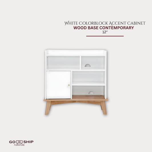 White Colorblock Accent Cabinet — Wood Base Contemporary Design