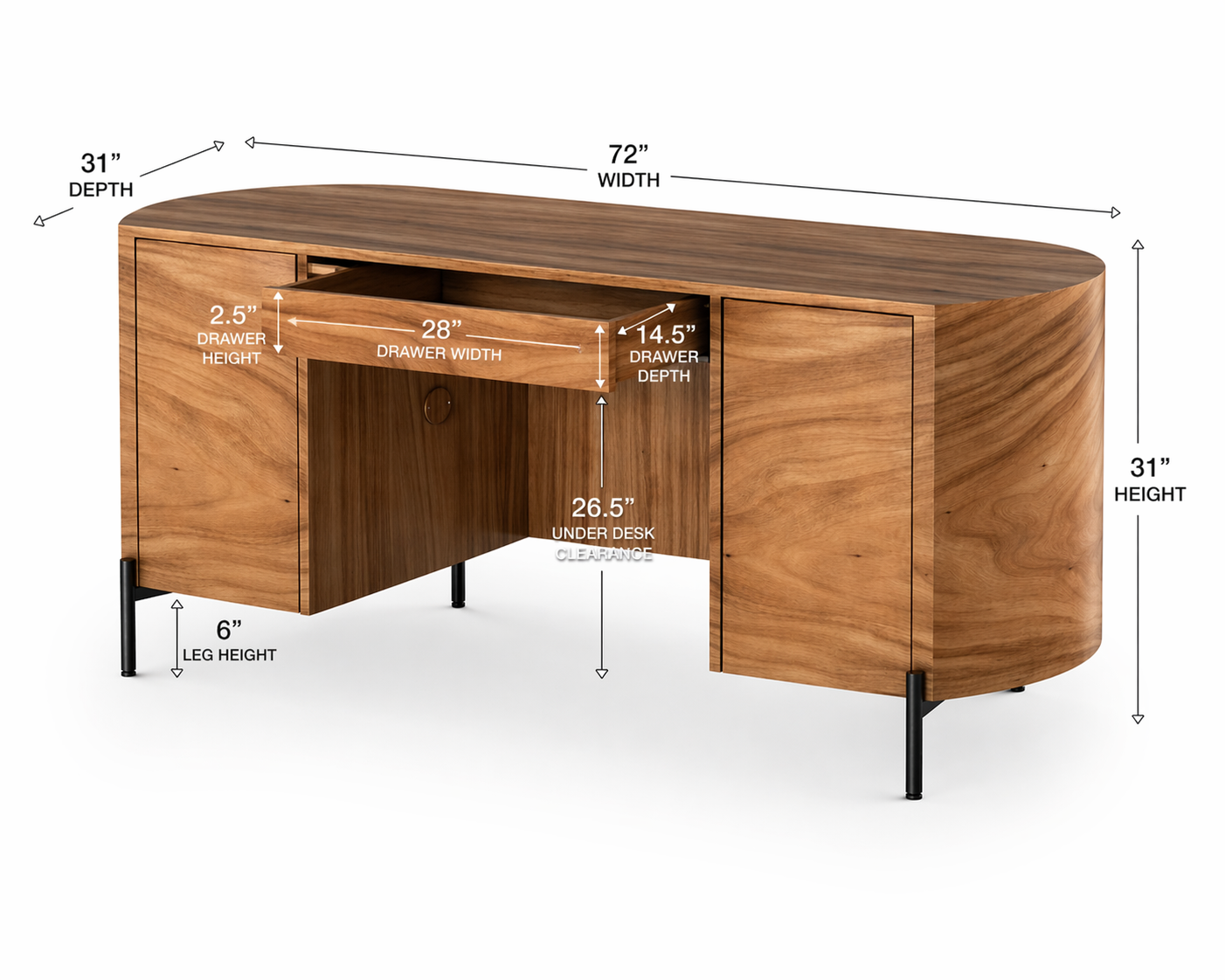 GoShipFurniture Curved Executive Desk – 72" Walnut Finish