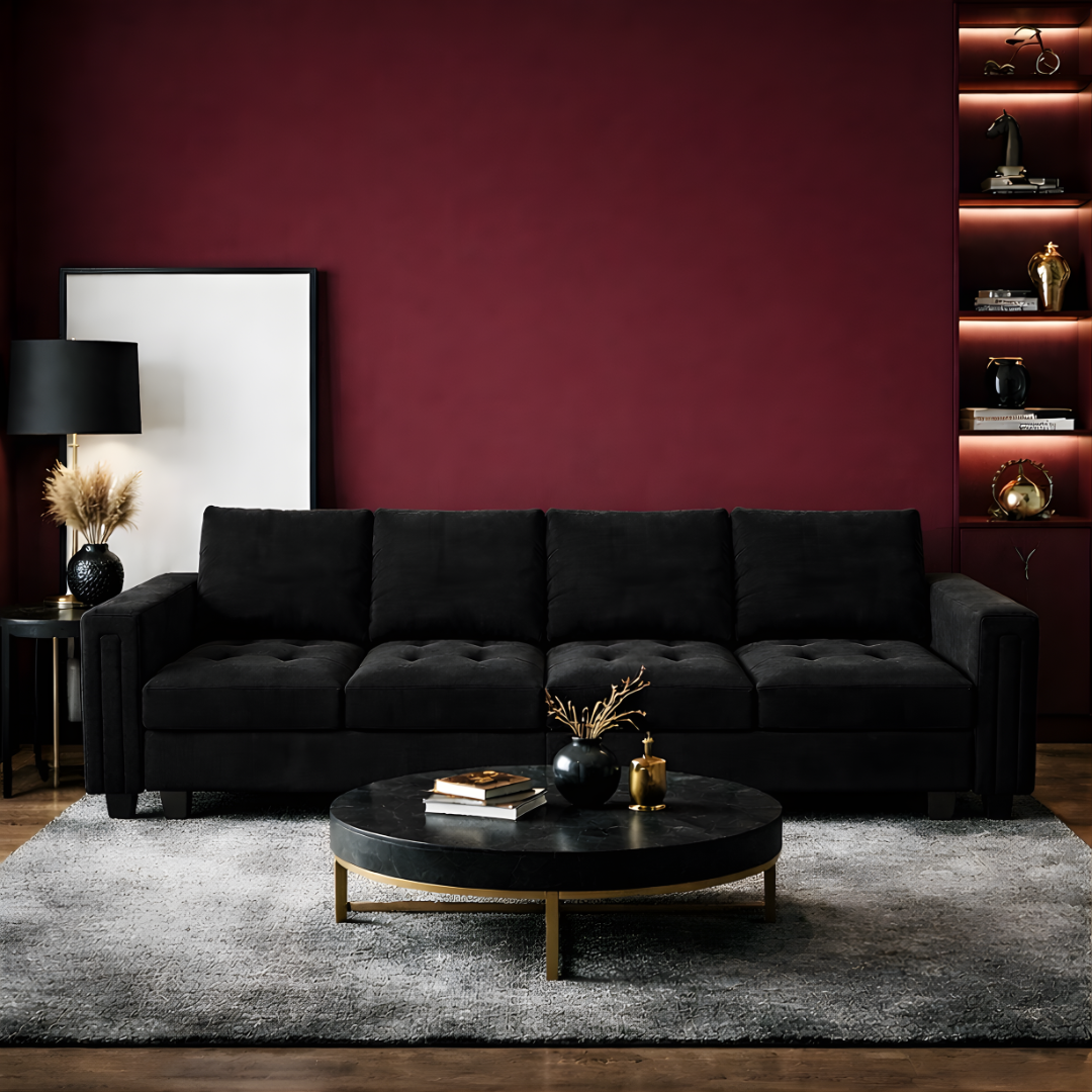GoShipFurniture Black Velvet Sectional Sofa – 4 Seater