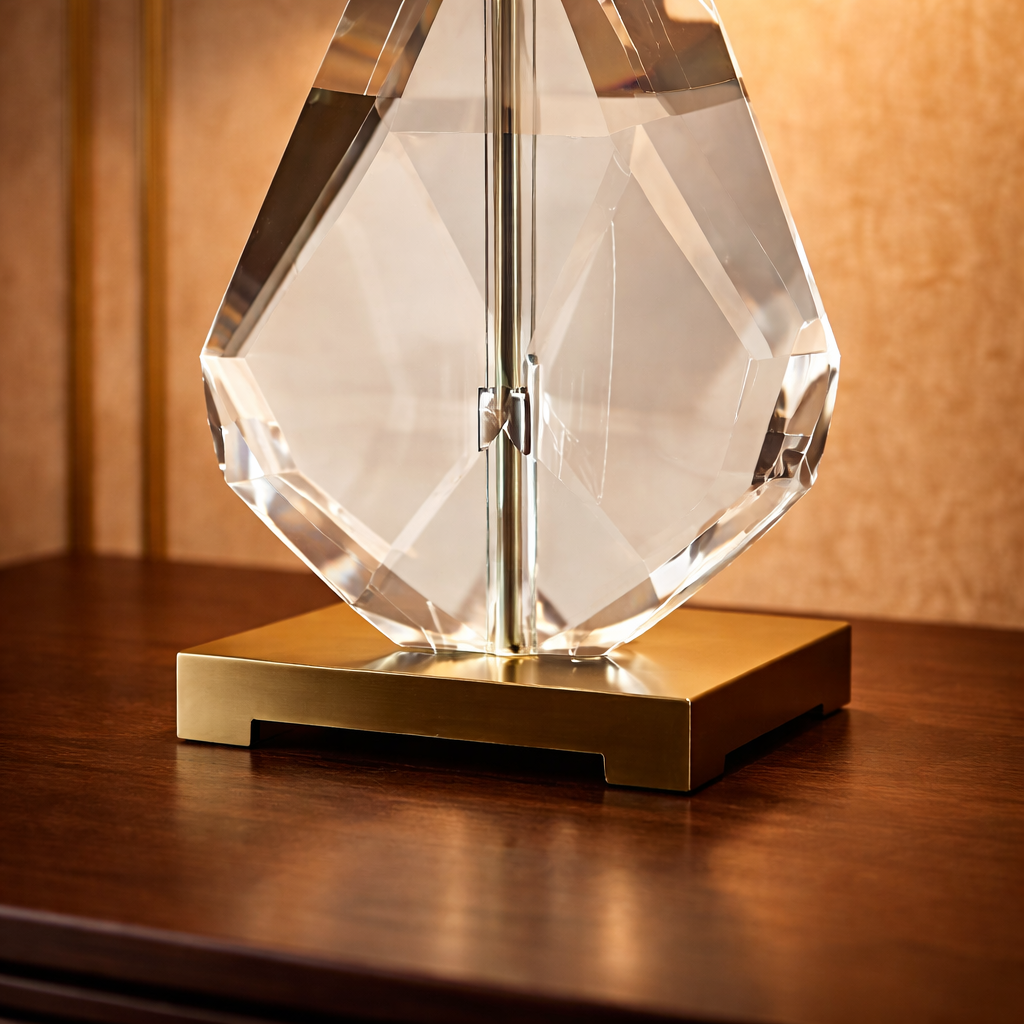 GoShipFurniture Faceted Crystal Table Lamp – Drum Shade, Brushed Gold Base