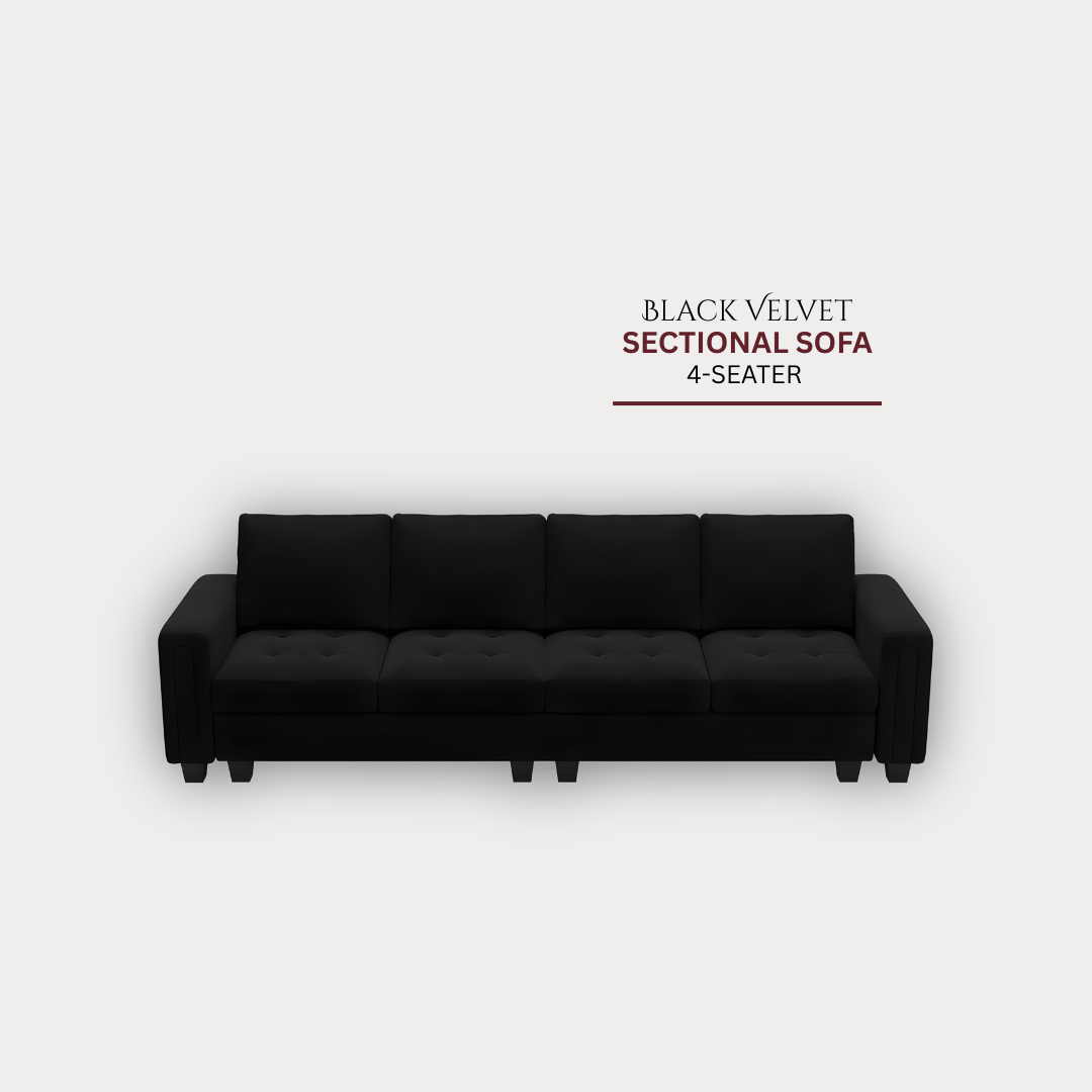 GoShipFurniture Black Velvet Sectional Sofa – 4 Seater