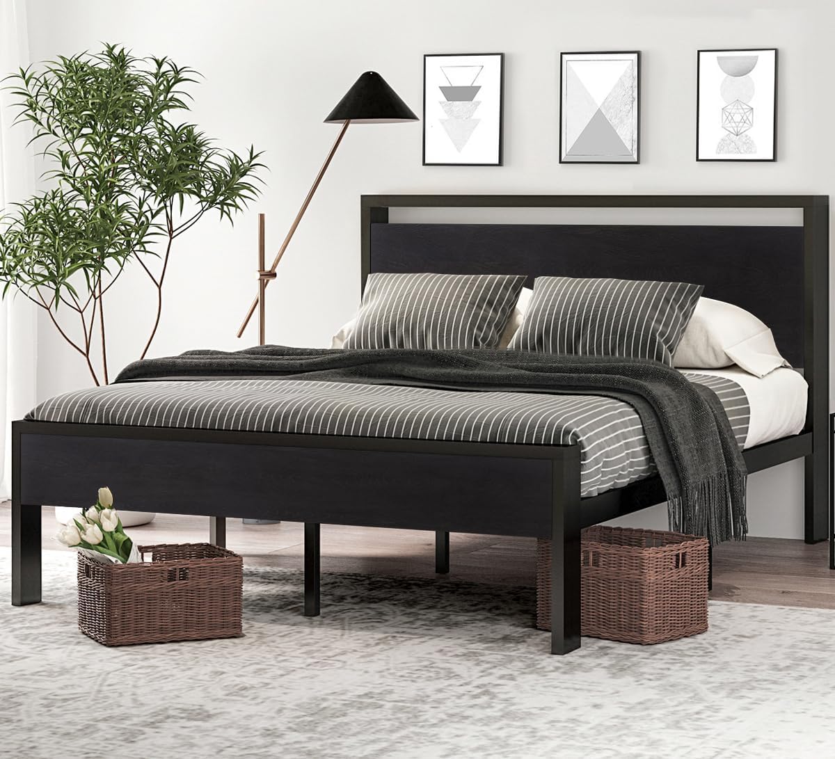 Full Metal Platform Bed Frame Black Oak