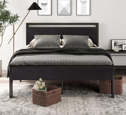 Full Metal Platform Bed Frame Black Oak