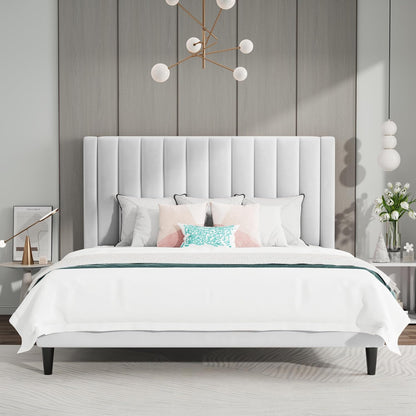 Queen Velvet Platform Bed Frame White