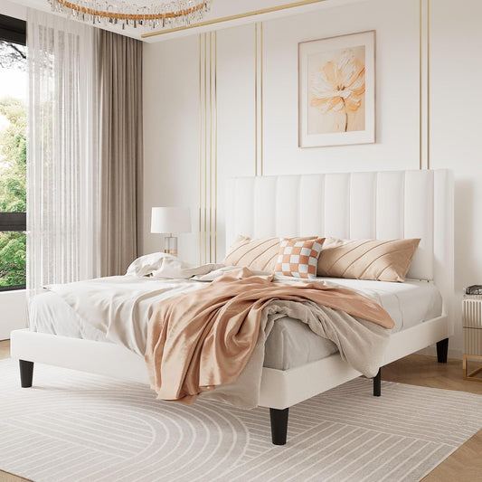 Queen Velvet Platform Bed Frame White