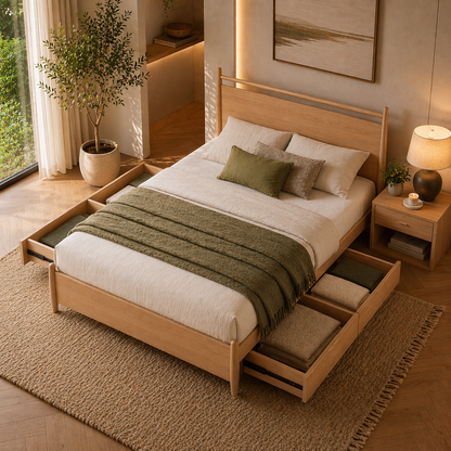 GoShipFurniture Solid Wood Platform Storage Bed – Dual Drawer Design
