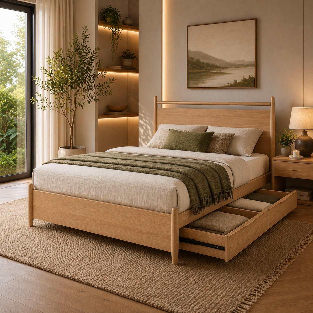 GoShipFurniture Solid Wood Platform Storage Bed – Dual Drawer Design