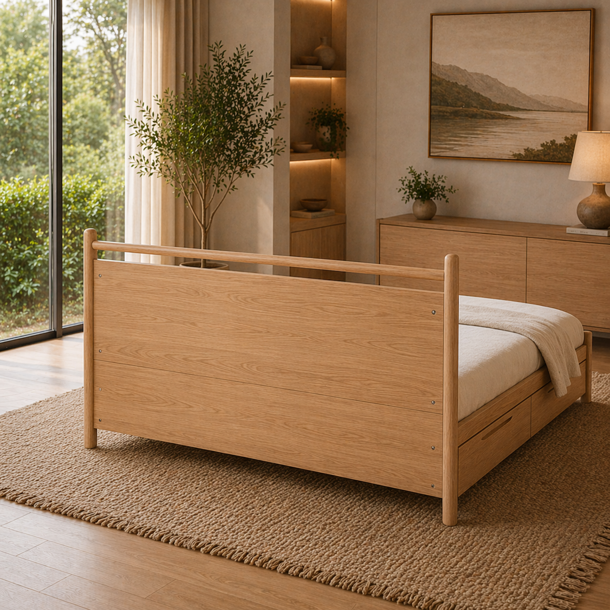 GoShipFurniture Solid Wood Platform Storage Bed – Dual Drawer Design