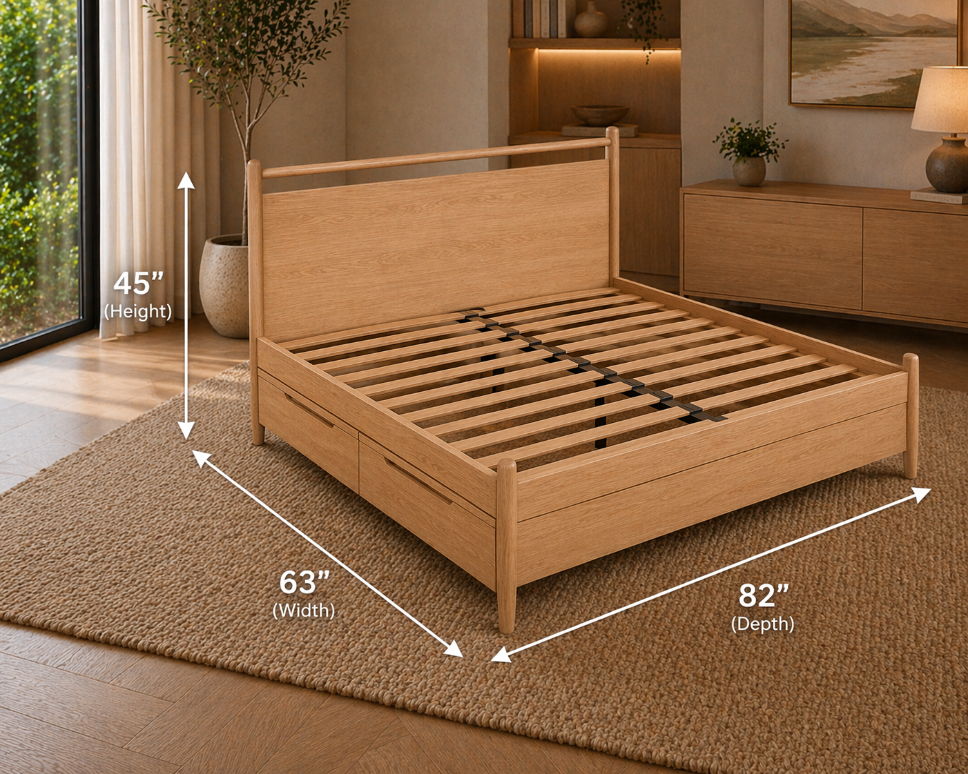 GoShipFurniture Solid Wood Platform Storage Bed – Dual Drawer Design