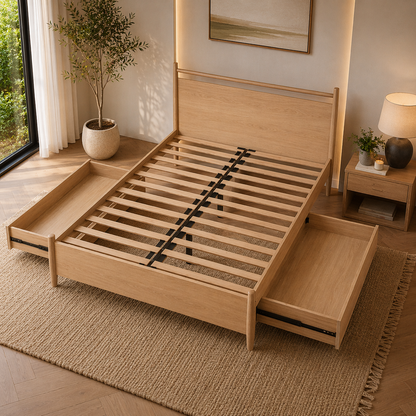GoShipFurniture Solid Wood Platform Storage Bed – Dual Drawer Design