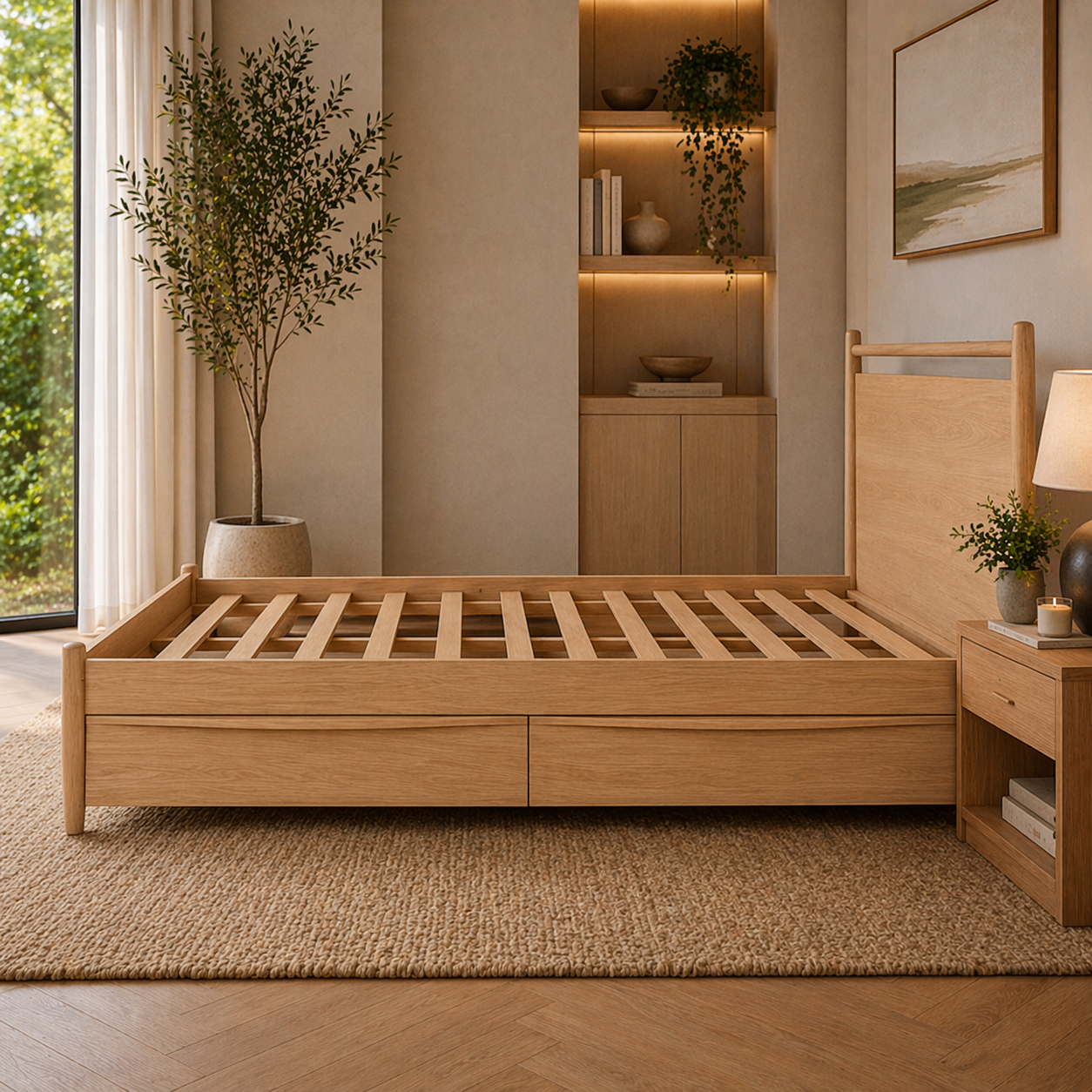 GoShipFurniture Solid Wood Platform Storage Bed – Dual Drawer Design