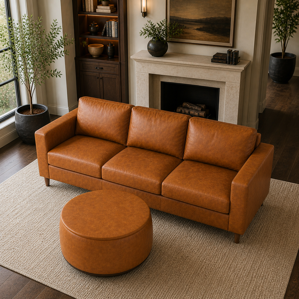 GoShipFurniture Leather Living Room Set – 83" Sofa & Storage Ottoman
