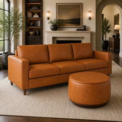 GoShipFurniture Leather Living Room Set – 83" Sofa & Storage Ottoman