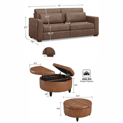GoShipFurniture Living Room Seating Set – 89" Sofa & 30" Storage Ottoman