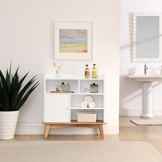 White Colorblock Accent Cabinet — Wood Base Contemporary Design