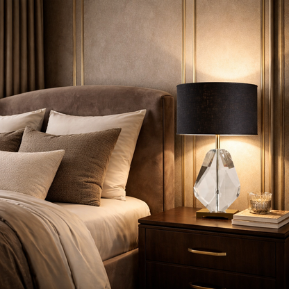 GoShipFurniture Faceted Crystal Table Lamp – Drum Shade, Brushed Gold Base