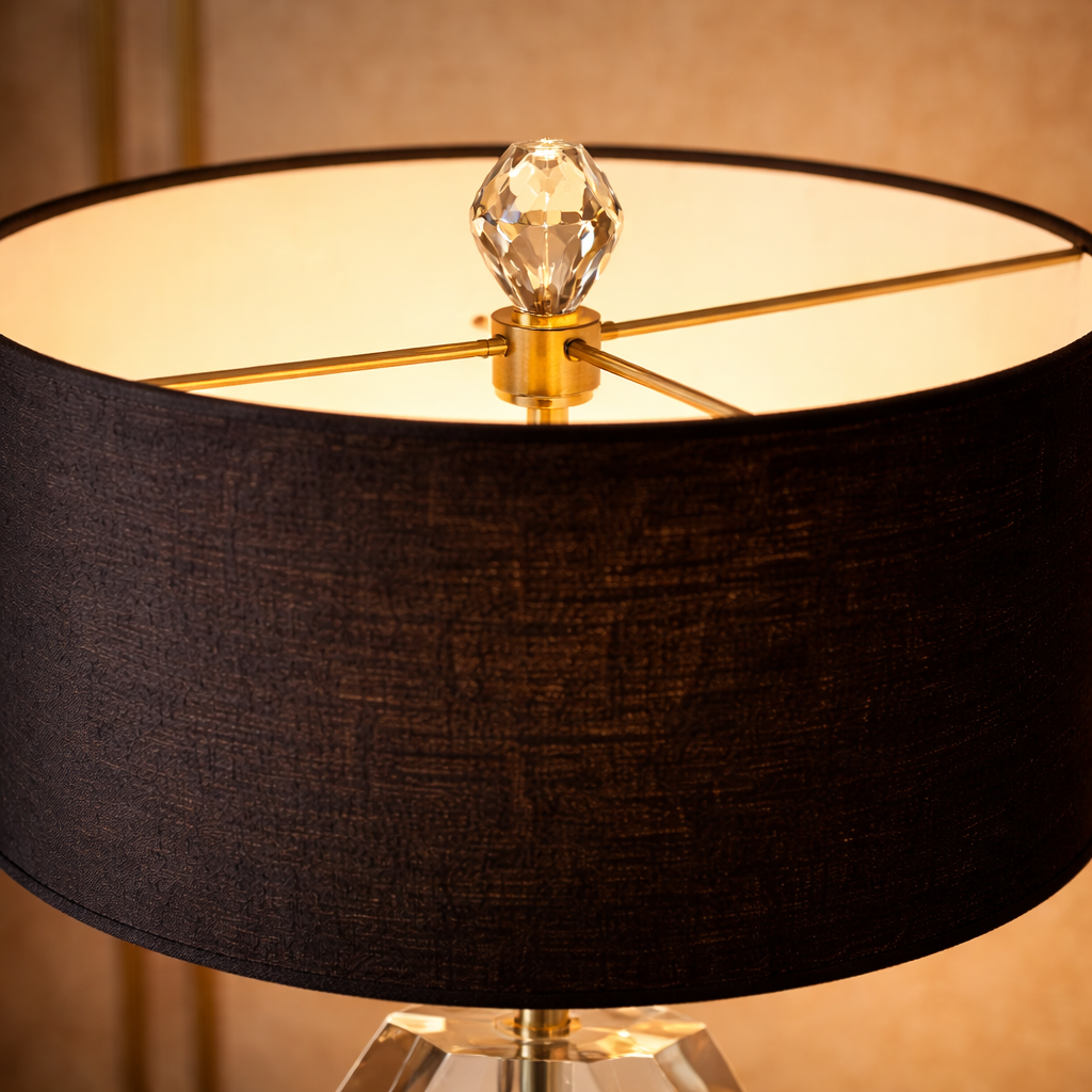 GoShipFurniture Faceted Crystal Table Lamp – Drum Shade, Brushed Gold Base