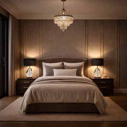 GoShipFurniture Faceted Crystal Table Lamp – Drum Shade, Brushed Gold Base