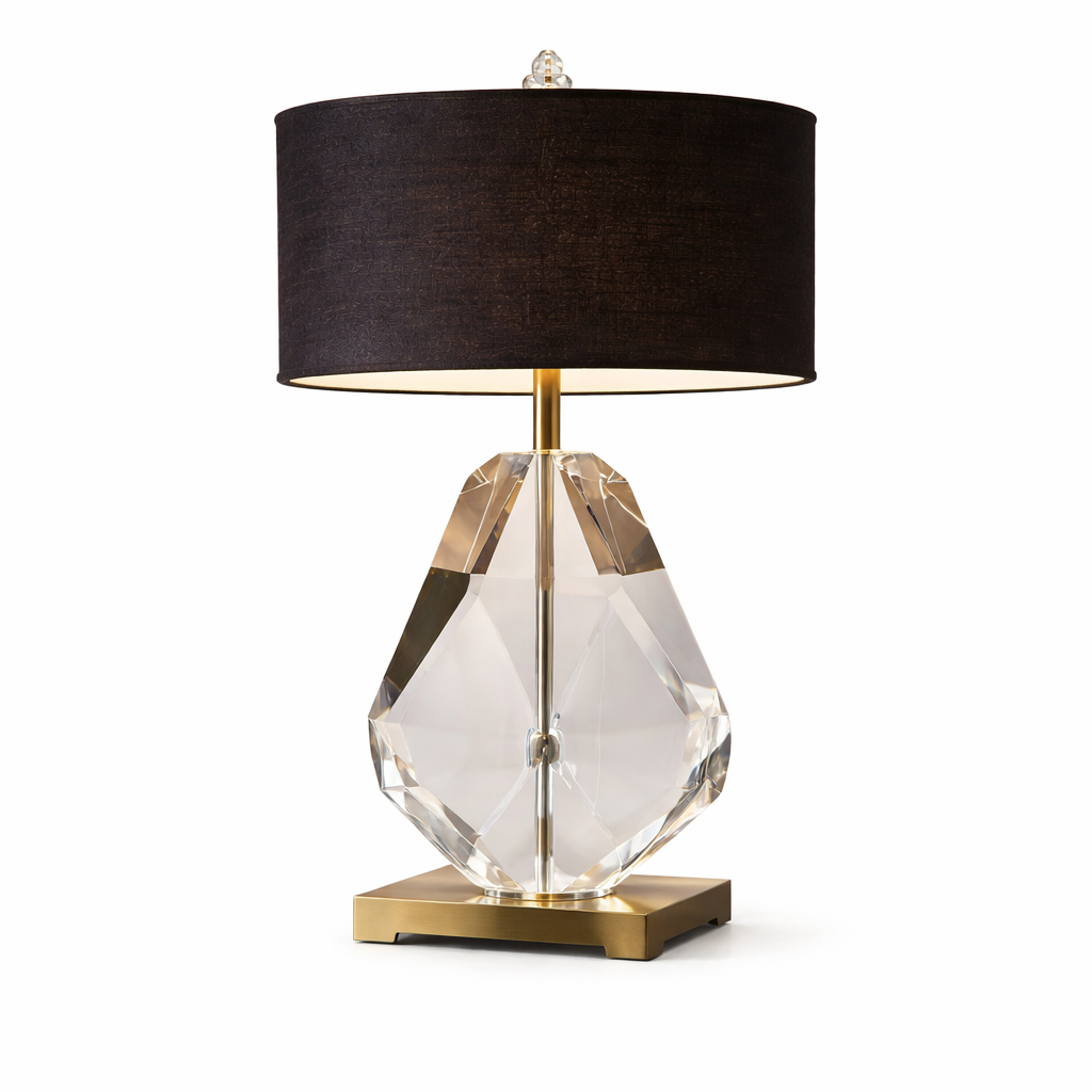 GoShipFurniture Faceted Crystal Table Lamp – Drum Shade, Brushed Gold Base