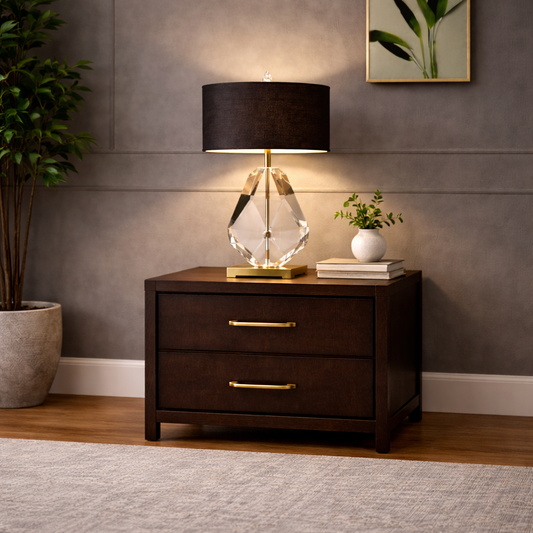 GoShipFurniture Faceted Crystal Table Lamp – Drum Shade, Brushed Gold Base