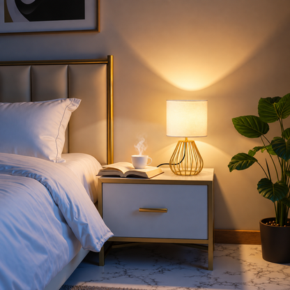 GoShipFurniture 12.6" Gold Table Lamp – White Linen Shade, Modern Bedside & Desk Lamp