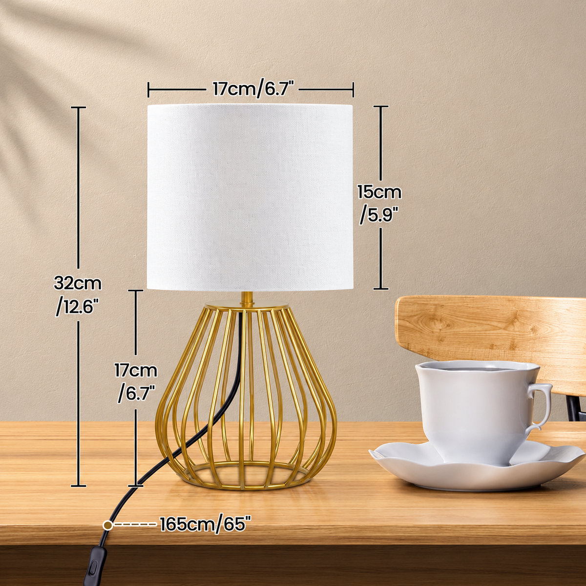 GoShipFurniture 12.6" Gold Table Lamp – White Linen Shade, Modern Bedside & Desk Lamp