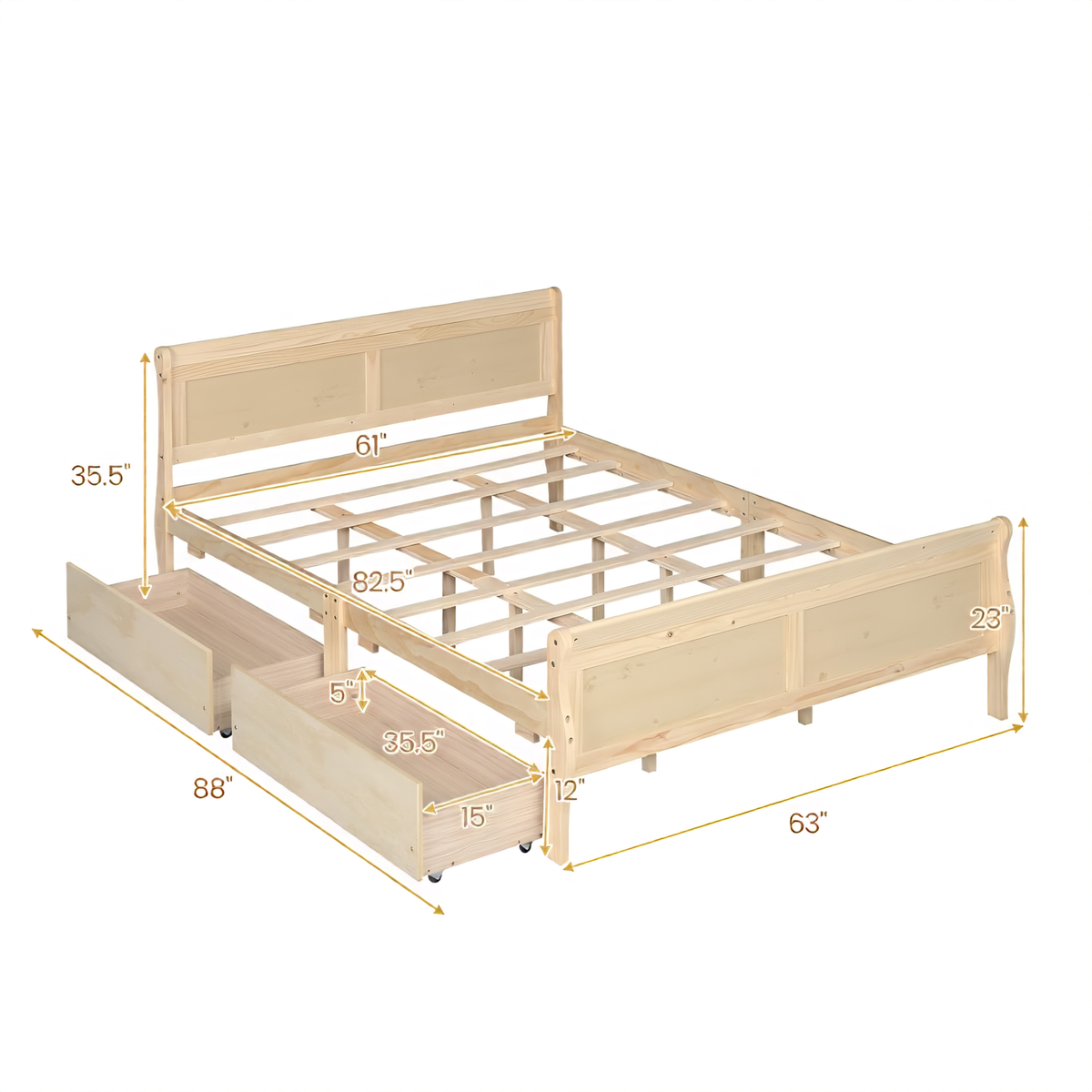 GoShipFurniture Solid Wood Platform Storage Bed – Dual Drawer Design