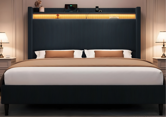 King Upholstered Bed Frame with LED