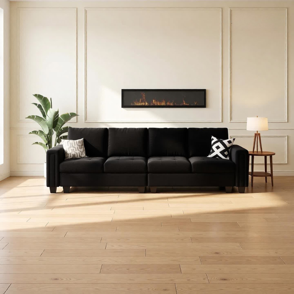 Black Velvet 4-Seater Sectional Sofa — Contemporary Modular Living Room Collection