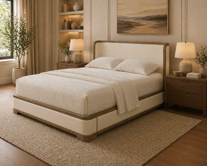 GoShipFurniture Upholstered Platform Bed – Wood Trim, Surround Headboard