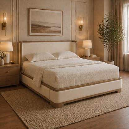 GoShipFurniture Upholstered Platform Bed – Wood Trim, Surround Headboard