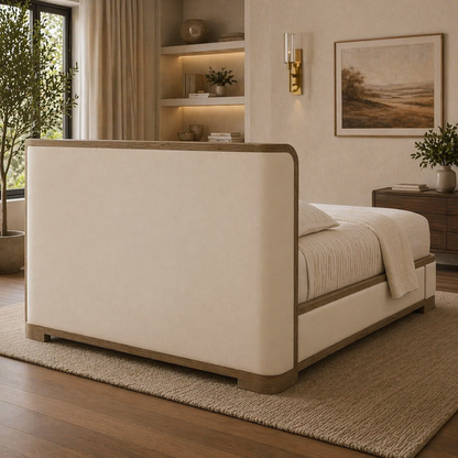 GoShipFurniture Upholstered Platform Bed – Wood Trim, Surround Headboard
