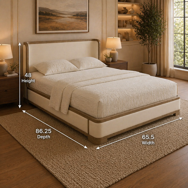 GoShipFurniture Upholstered Platform Bed – Wood Trim, Surround Headboard