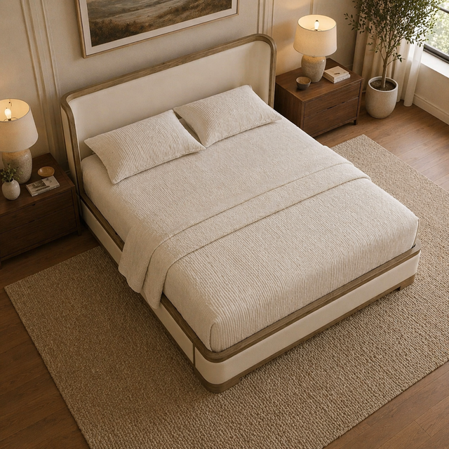 GoShipFurniture Upholstered Platform Bed – Wood Trim, Surround Headboard