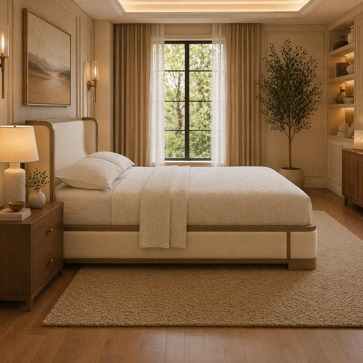 GoShipFurniture Upholstered Platform Bed – Wood Trim, Surround Headboard