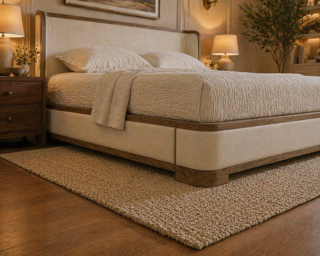 GoShipFurniture Upholstered Platform Bed – Wood Trim, Surround Headboard