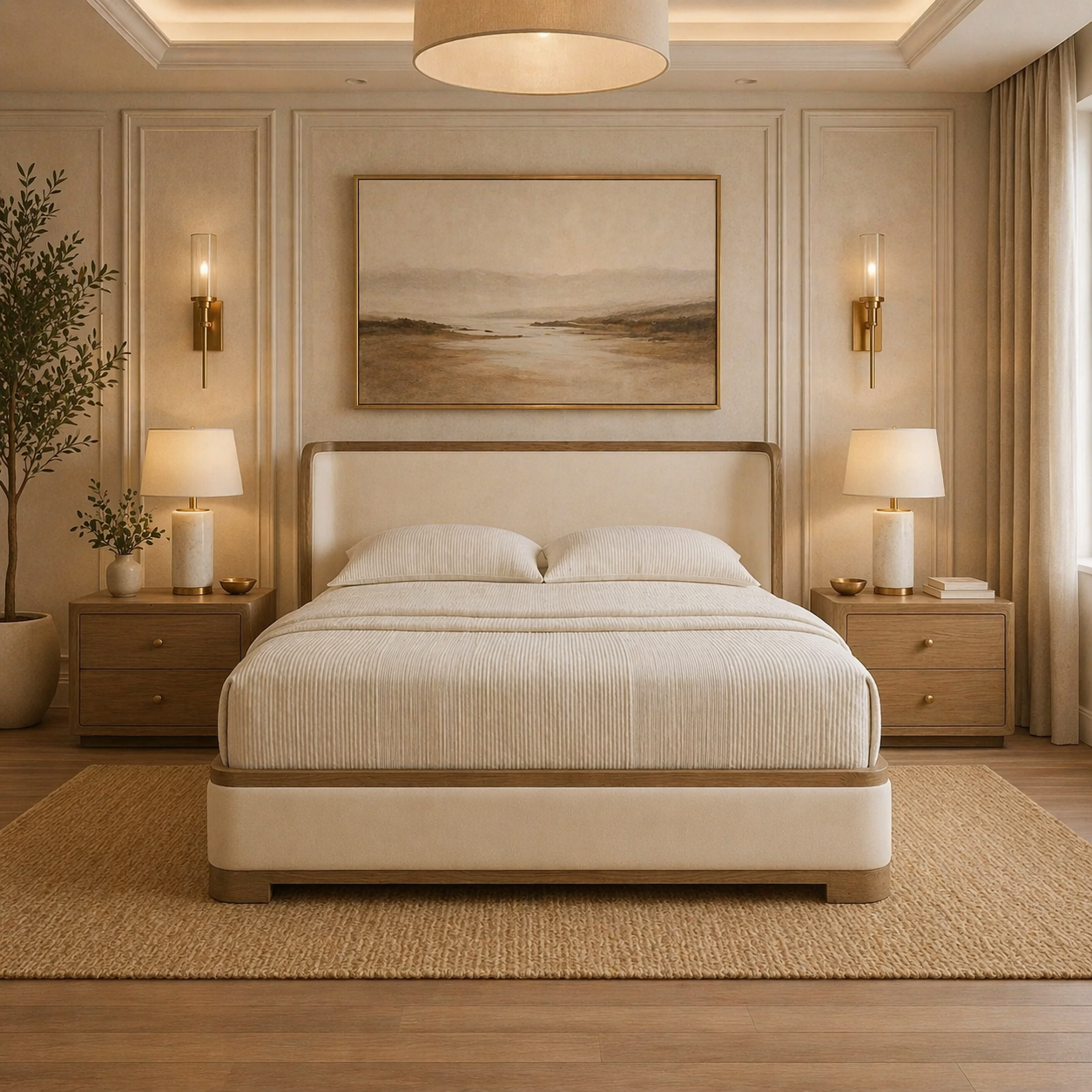 GoShipFurniture Upholstered Platform Bed – Wood Trim, Surround Headboard