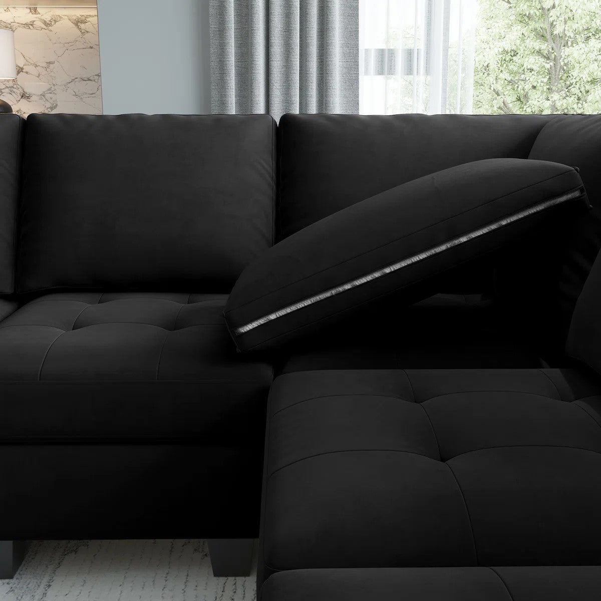 Black Velvet 4-Seater Sectional Sofa — Contemporary Modular Living Room Collection