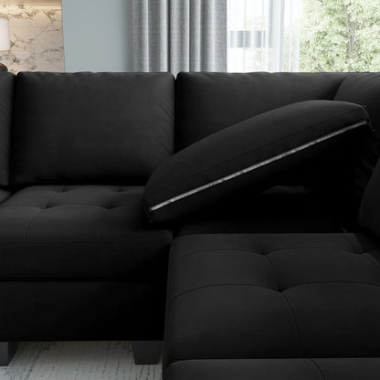 Black Velvet 4-Seater Sectional Sofa — Contemporary Modular Living Room Collection