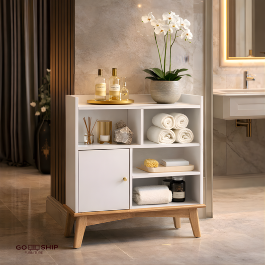 White Colorblock Accent Cabinet — Wood Base Contemporary Design