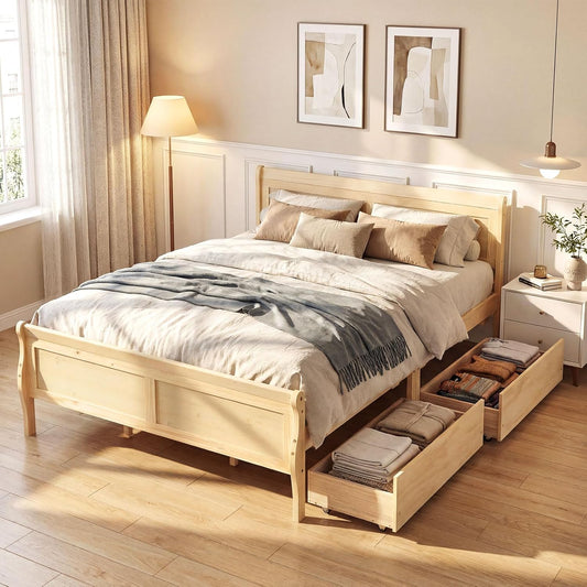 GoShipFurniture Solid Wood Platform Storage Bed – Dual Drawer Design